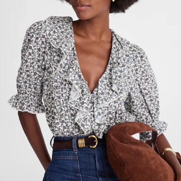 Madewell Ruffled Pintuck Puff-Sleeve Top Floral Vintage Ivory Boho NWT Size S - Picture 7 of 8